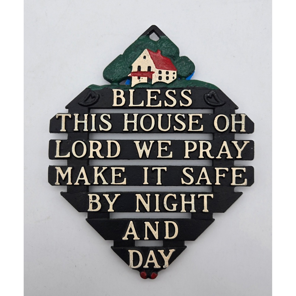 Vintage Cast Iron Bless This House Oh Lord We Pray Wall Plaque Trivet USA